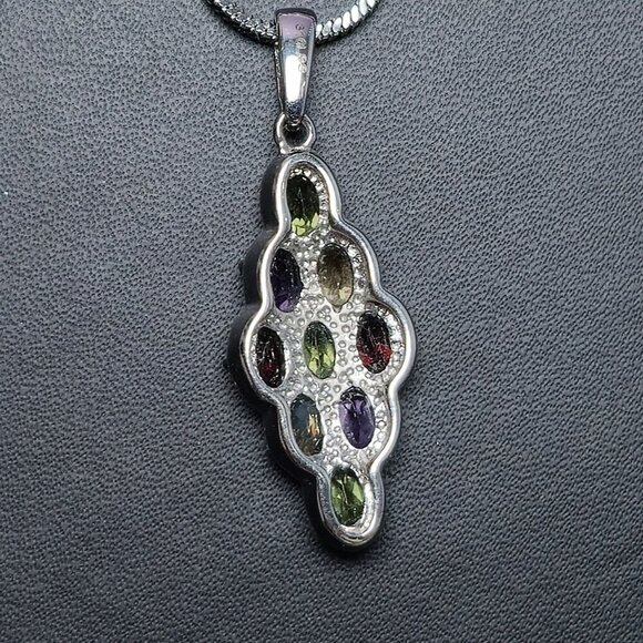 Multi‎ Gemstone Elongated Pendant Necklace in Stainless Steel - Picture 3 of 5